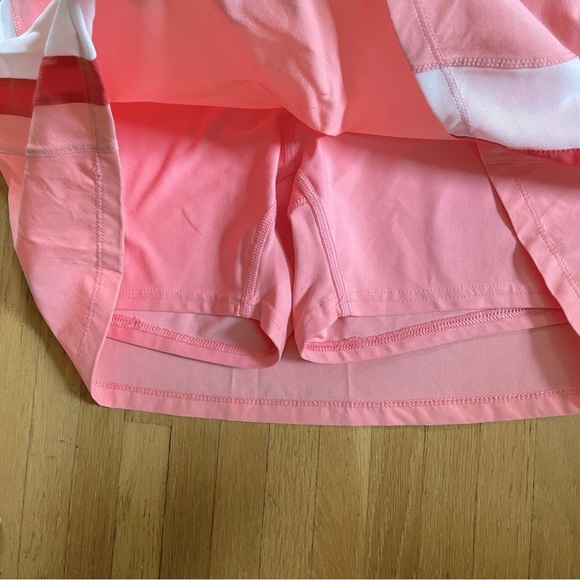 Nike Dry Fit Coral Pink Tennis Skirt w/ Red & White Mesh Stripe, Yellow Logo L - Picture 3 of 5